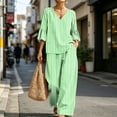 thumbnail image 4 of Mifsaly 2 Piece Lounge Set Women Casual V Neck Tops and Flowy Wide Leg Palazzo Pants Comfortable Outdoor Casual Vacation Matching Outfits with Pockets Green,S, 4 of 7