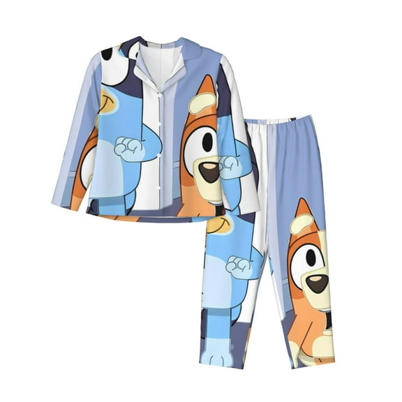 Silaia Bluey Print Women 2 Piece Pajama Set,Button Down Long Sleeve Sleepwear,Pjs Loungewear Sleepwear,Pj Lounge Sets-Large