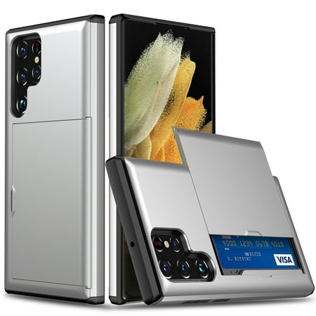 For Galaxy S23 Ultra Case Wallet with Slide Card Holder Slot Slim Dual Layer Heavy Duty Shockproof Hard PC Hybrid TPU Phone Case Flip Protective Cover for Samsung Galaxy S23 Ultra, Silver