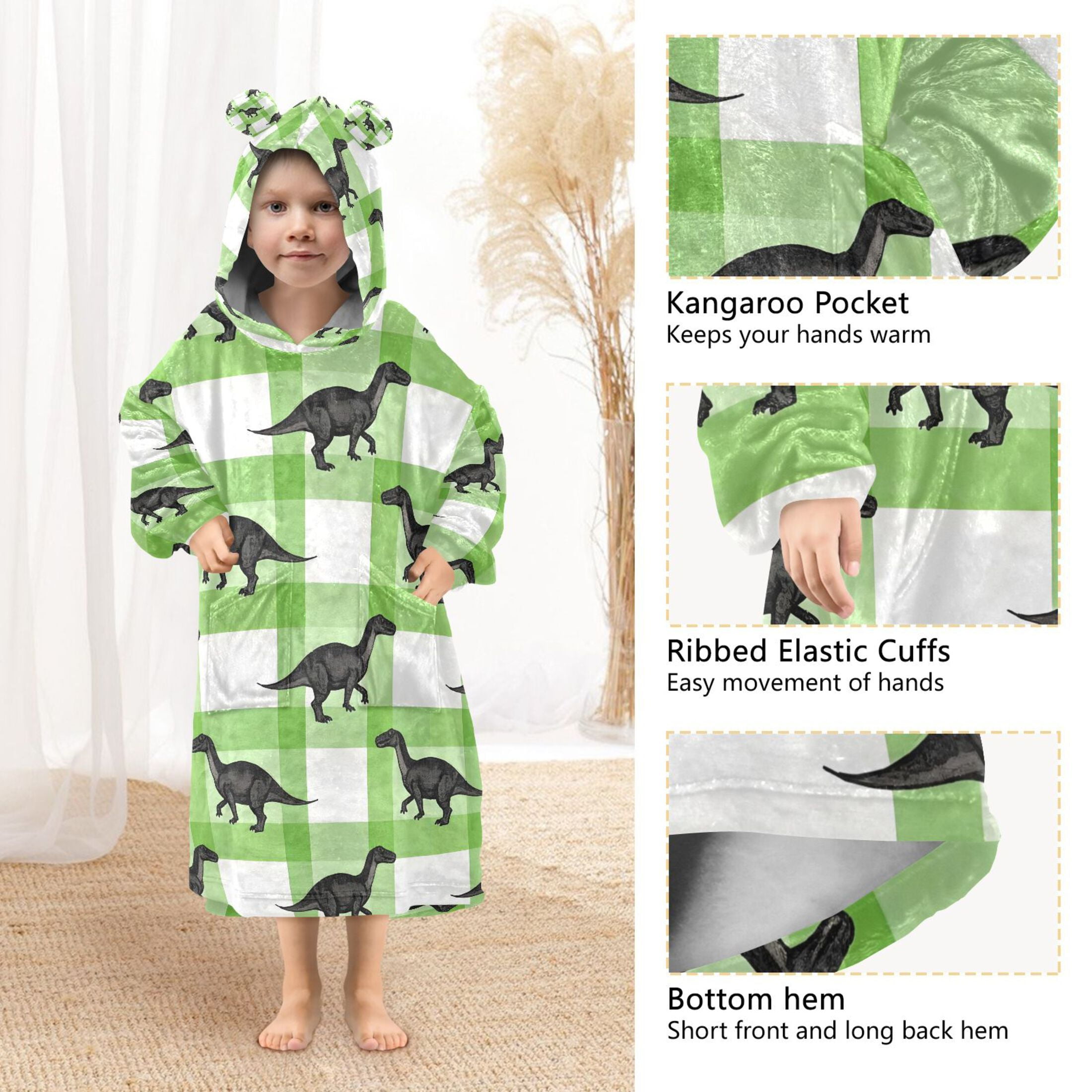 joogoo Blanket Hoodie for Dinosaur on Checkered Oversize Sweatshirt 3-14 YR L