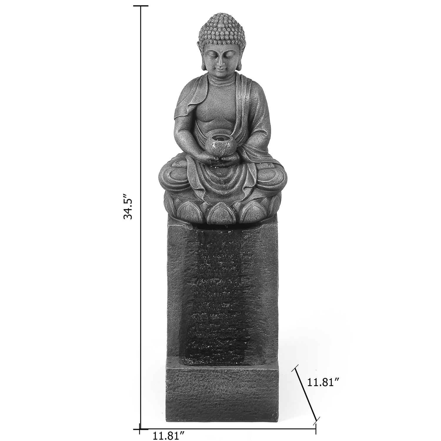 LuxenHome 35" Meditating Buddha Outdoor Water Fountain with LED Lights, Gray Resin Waterfall Fountains Garden Decor