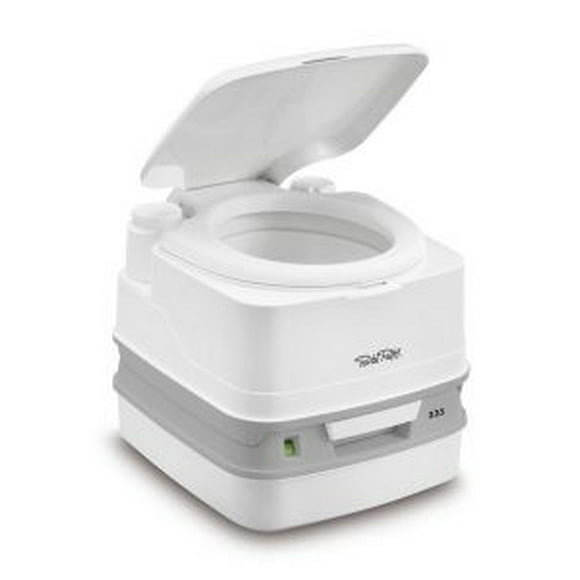 Thetford Toilet 92828 Porta Potti 335; Portable; Square Front Round Seat; Piston Pump Flush Control; White/Gray; Without Water-Saving Hand Sprayer; 27 Average Flushes; With Level Indicator