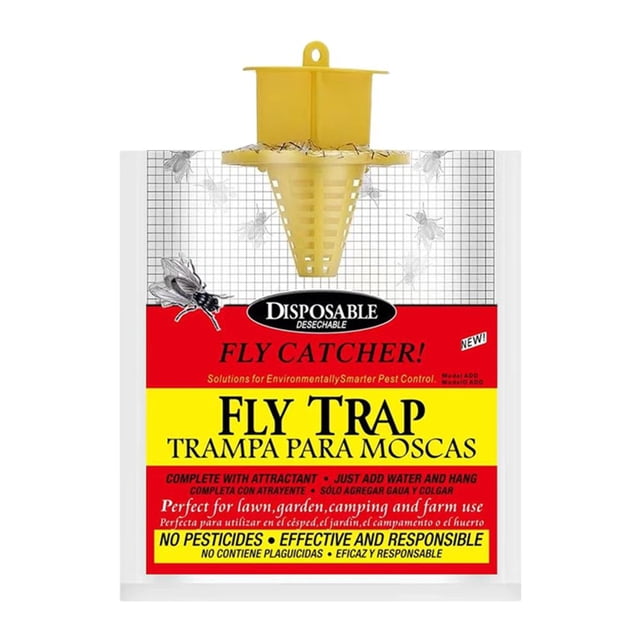 atrapamoscas desechable para moscas trampa no tóxica para exteriores (rojo) Trampa de plástico ABS roja, vista frontal centrada con embudo interior y gancho superior sobre empaque impreso en inglés y español; tamaño desplegado 220x200x3 mm, indicada para jardines, restaurantes y granjas, y a menudo usada también para acampar.