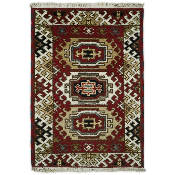 2x3 Runner Hand Knotted traditional Kazak Rust and Beige Tribal Armenian Rug | KZA12