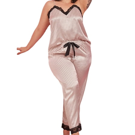 

Lumento Ladies Comfy Homewear Home Clothes Sexy 2 Pieces Pajamas Set Soft Striped Pjs