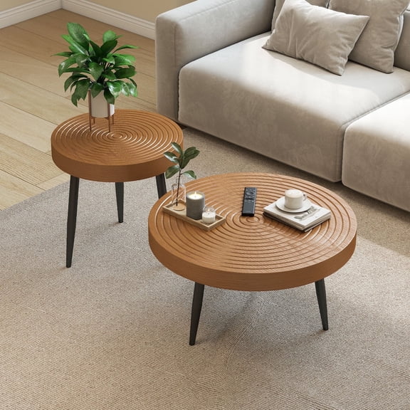Permory Nesting Coffee Tables Set of 2, Round Tree Ring Grain MDF Coffee Table with Metal Legs, Modern Stackable End Tables for Living Room, Small Space, Apartment
