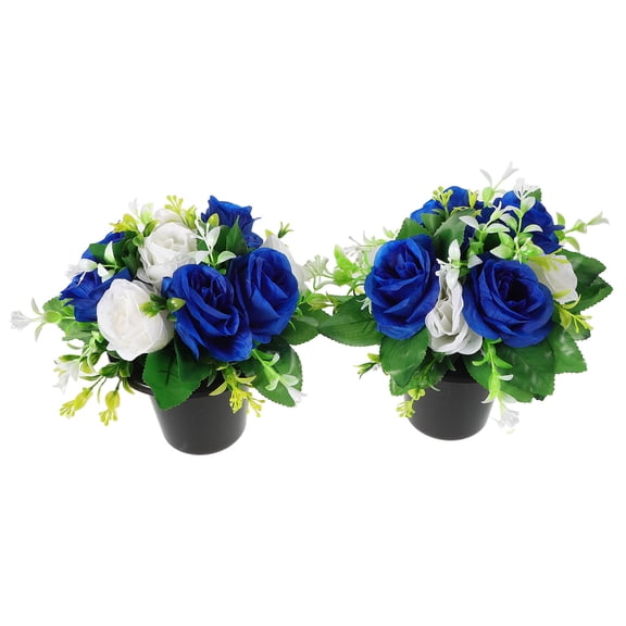 Moluckfu 1Pair Portable Artificial Blue Flowers with Vase for Cemetery Memorial