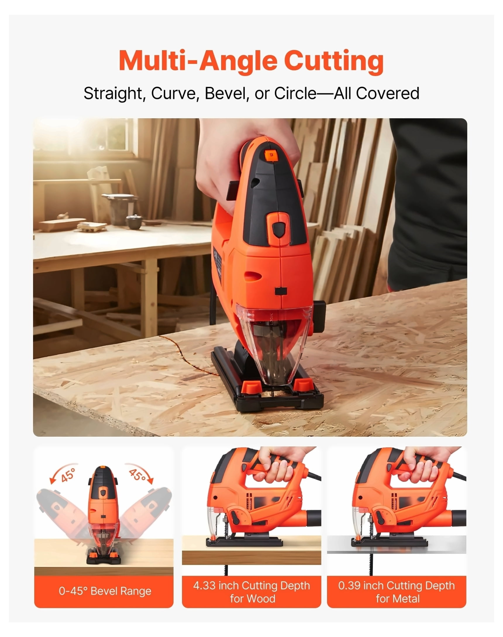 Jig Saw, 6.5 Amp, 3000 SPM Blade Speed, Electric Jigsaw with 6 pcs Blades, LED Light, 6 Variable Speed, 0- 45° Bevel Cuts, 4 Orbital Settings for Straight/Circle Cutting, for Wood and Metal