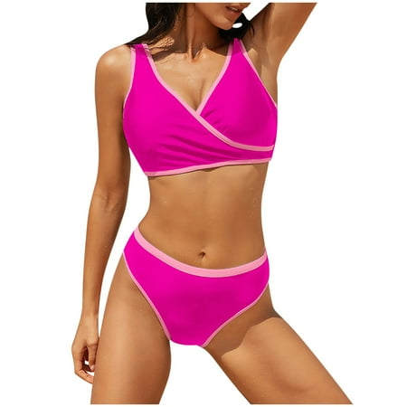 Oplxuo Women s High Waisted Bikini Sets Tummy Control Swimsuits Cheeky Colorblock V Neck Two Piece Bathing Suit