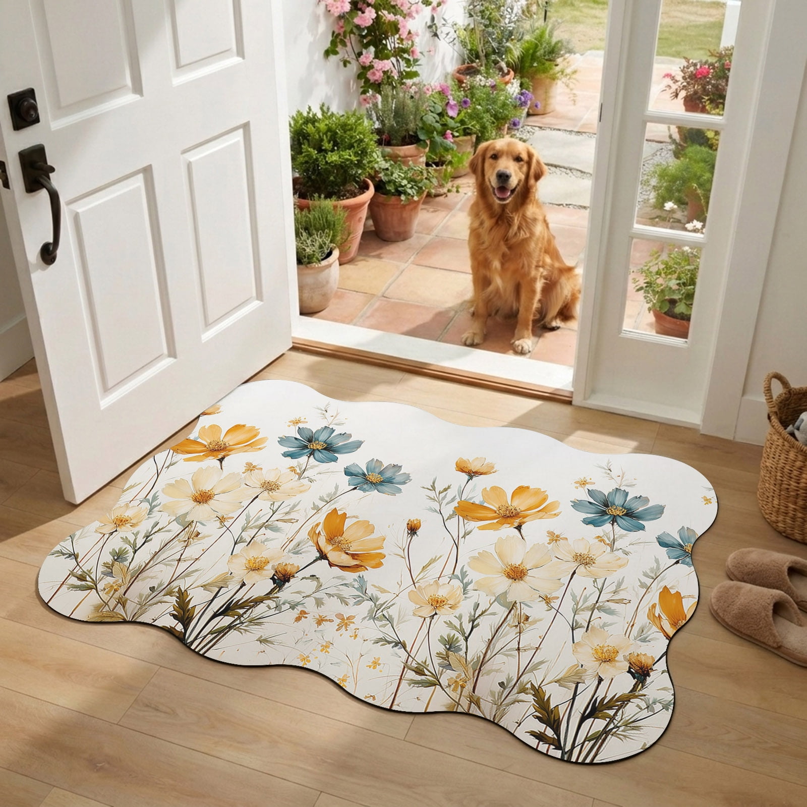 Indoor Doormat Front Door Mat 20 x31.5 Yellow Blue Spring Floral Absorbent & Non-Slip Scalloped Doormat Indoor Entrance Low-Profile Welcome Mat for Entryway Patio Watercolor Summer Botanical