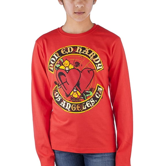 ed hardy kids girls long sleeve heart t-shirt - red - small