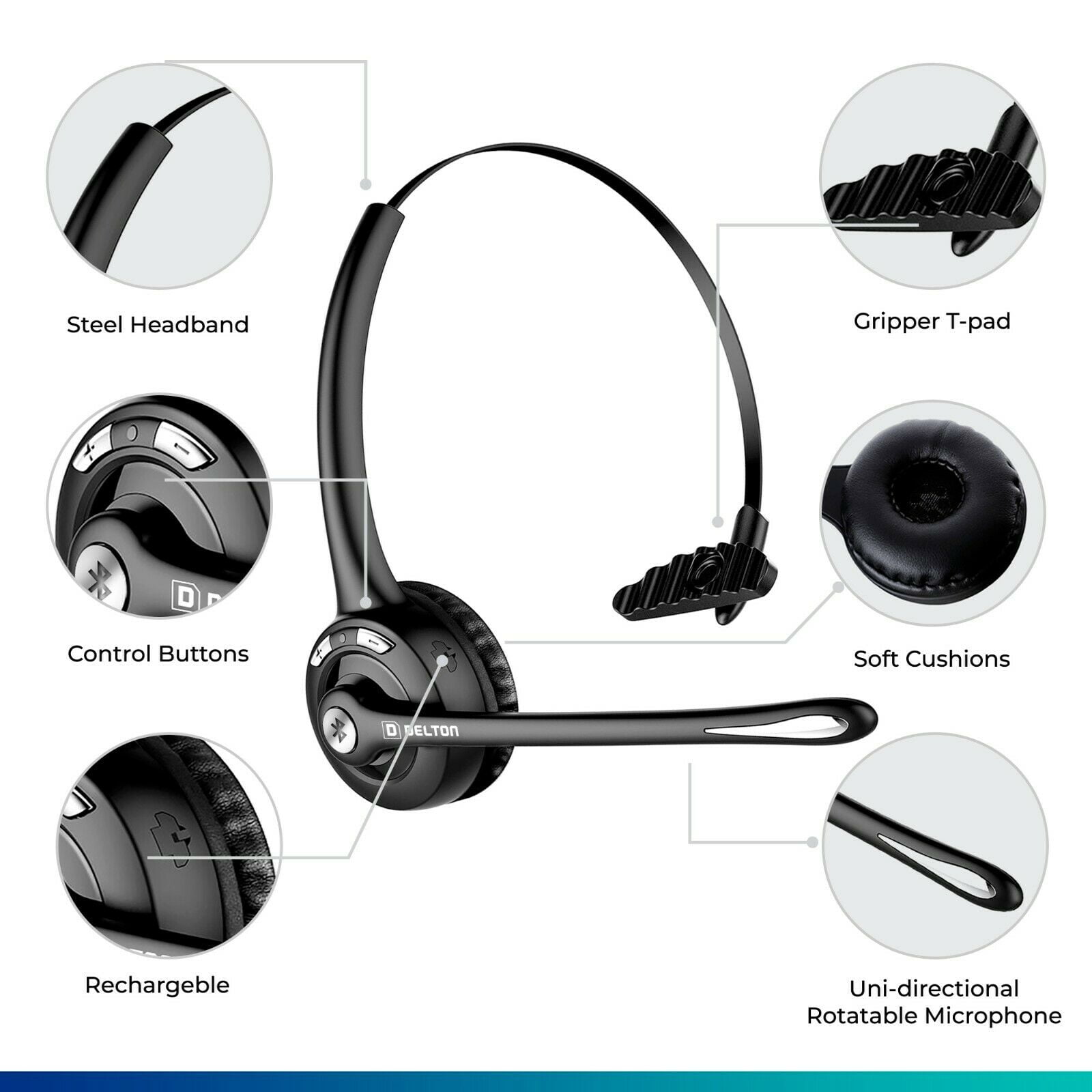 Delton Trucker Bluetooth Headset, Wireless Headphones w/Microphone,  Headphones for Truck Driver, Wireless Over The Head Earpiece with Mic for  Skype, 