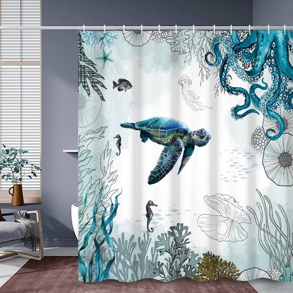 SUNOLIFE Coastal Sea Turtle Shower Curtain Ocean Nautical with Octopus Bathroom Curtain,Blue 72x72 in