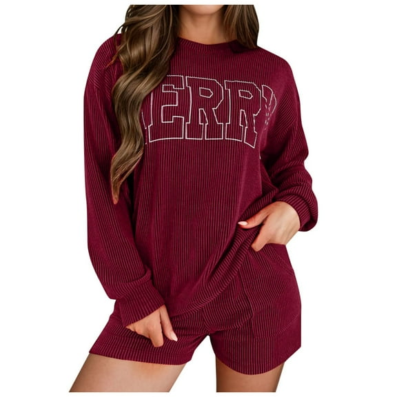 Women's Corduroy Shorts Set Long Sleeve Casual Outfit Autumn Letter Print Christmas Design Comfortable Home Wear Versatile Stylish