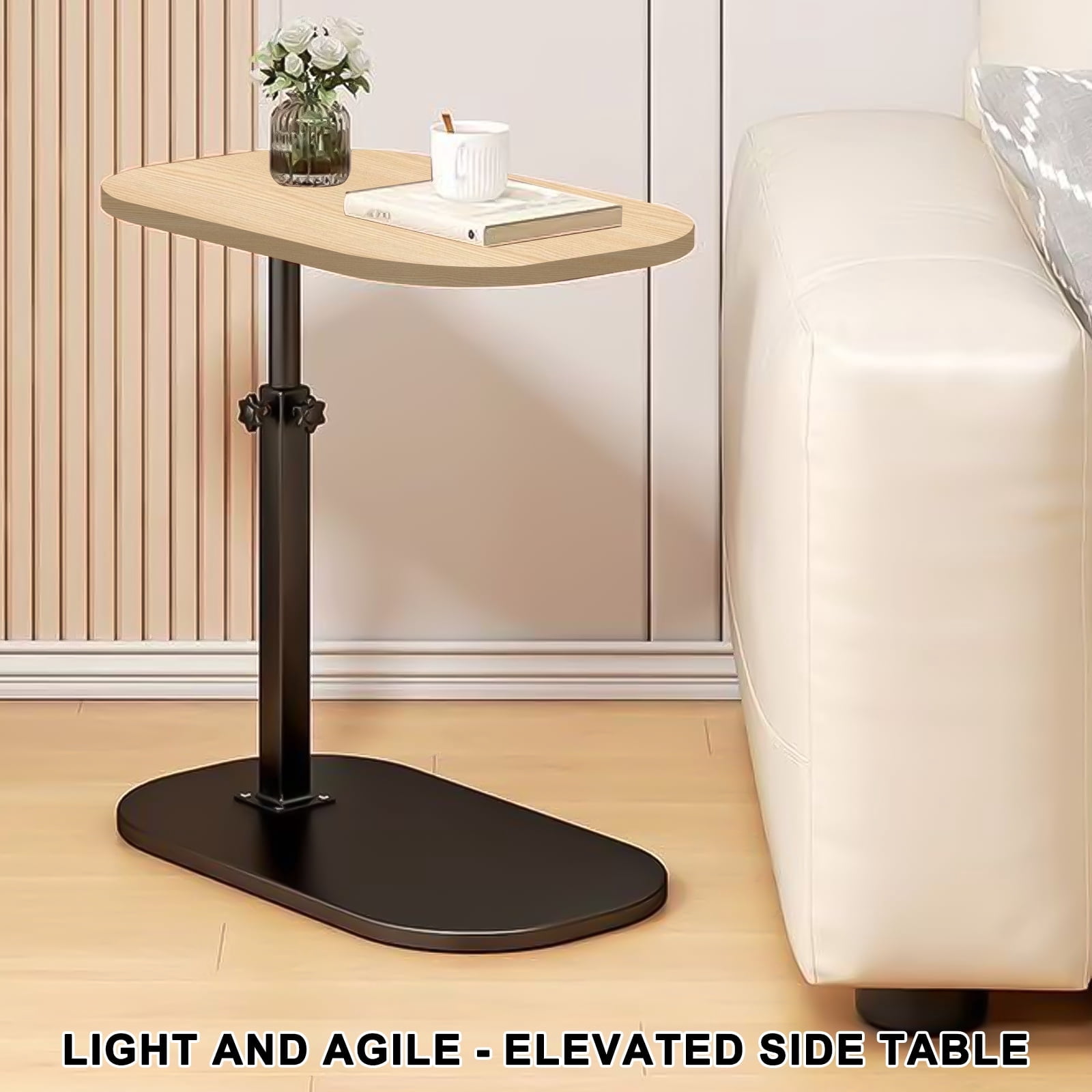 VEGCOO  Adjustable TV Tray Table Side Table Tray, C Table End Table, Bamboo Table, 360°Swive Adjustable Height Tray Table for Bed or Sofa, Living Room, Bedroom  with Phone and Tablet Slots