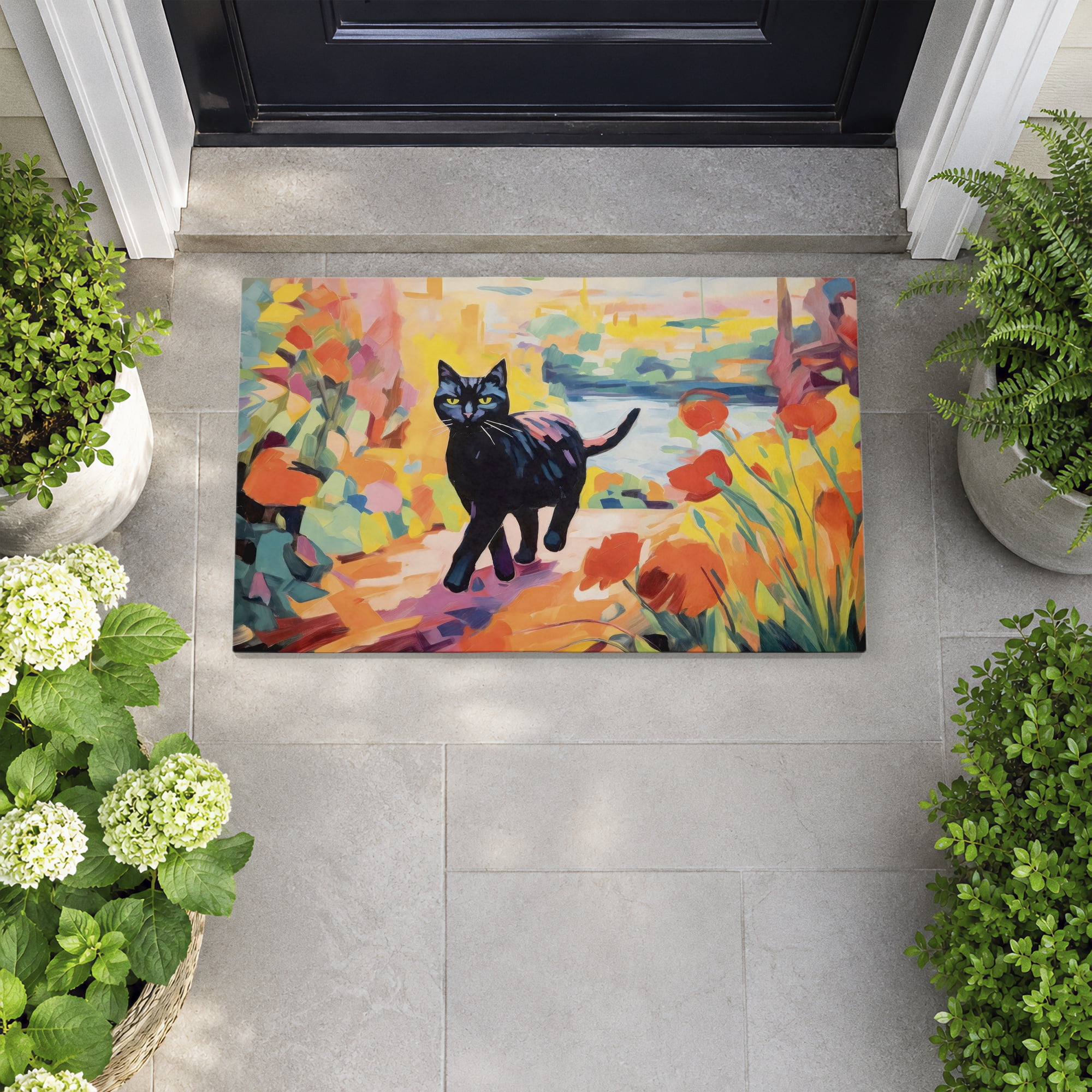 Stupell Industries Cat In Bright Harmonious Garden Printed Outdoor Door Floor Mat, design by Creative Studio