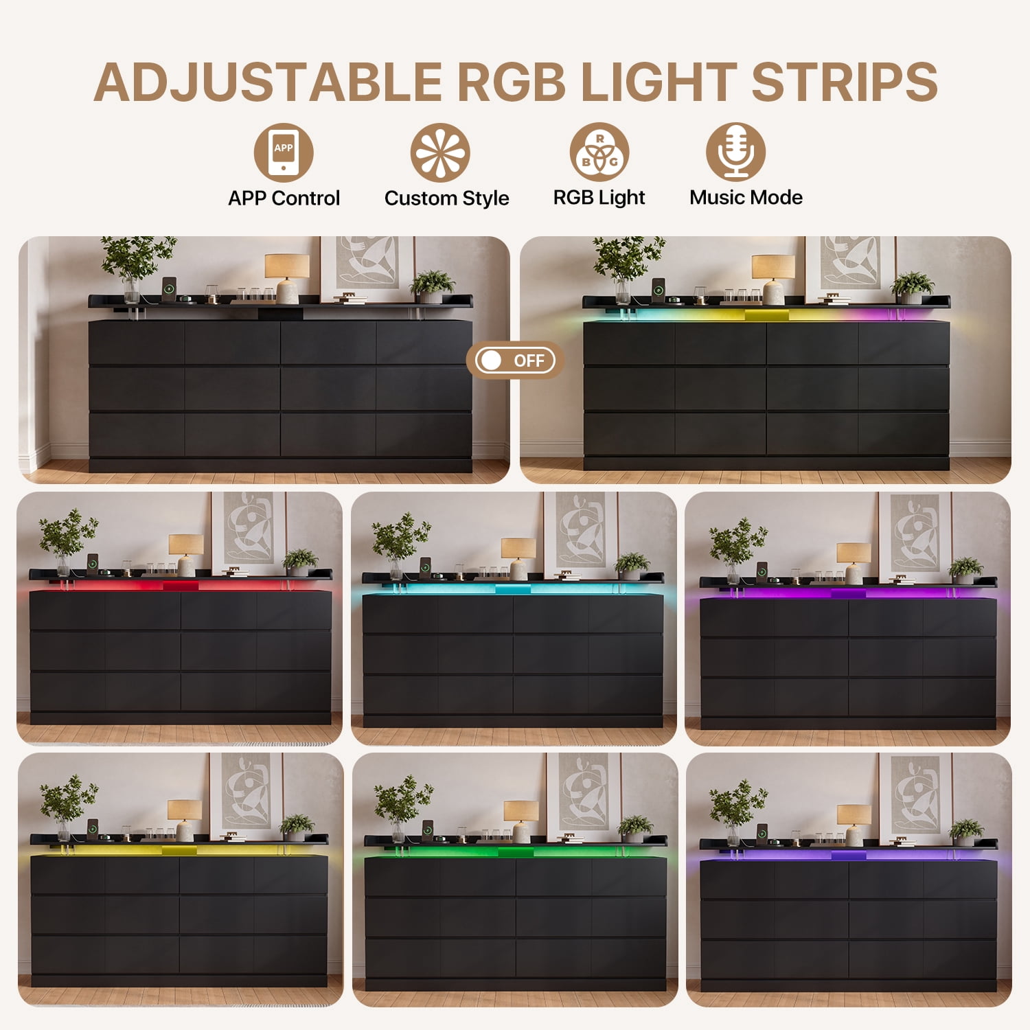 BaPiPro 63-Inch Black 12 Drawer Dresser, Modern High Gloss Chest with LED Light & Glass Tabletop, Large Capacity Storage Cabinet for Bedroom or Living Room