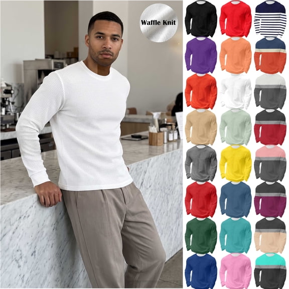 Jinhomg Long Sleeve Tee Shirts for Men Vintage Waffle Knit Crew Neck Tops Soft Breathable Thermal T-Shirt Streetwear
