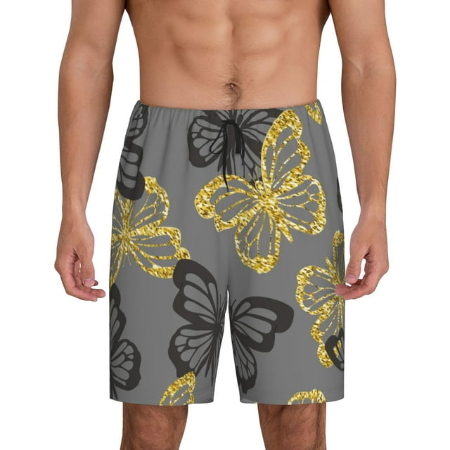 Balery Golden Glitter Butterflies Pantalones cortos de pijama de punto de algodón para hombre con cinturilla y bolsillos-XX-Large