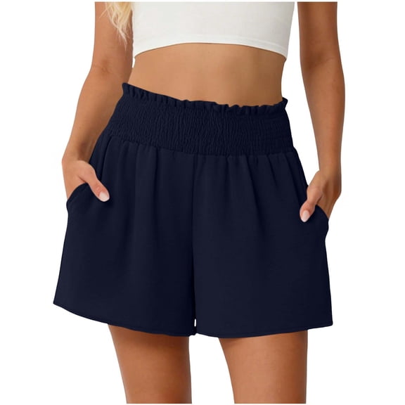 CHGBMOK Womens Summer Casual Shorts with Pockets Solid Elastic High Waisted Wide Leg Shorts Beach Vacation Outfits