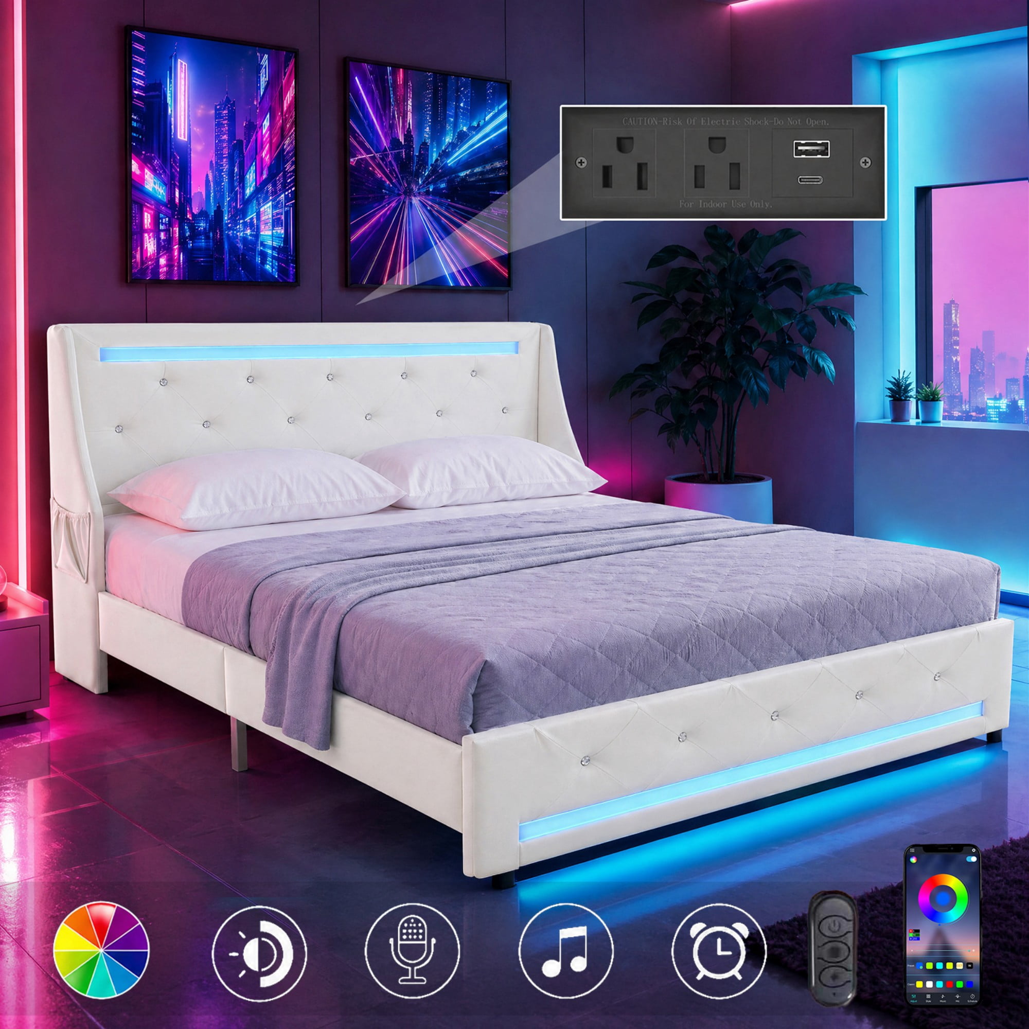 Gewnee Queen Size Faux Leather Platform Bed Frame, Diamond Tufted Wingback Headboard, LED Lights, 4‑in‑1 Charging Station, Side Pockets, Noise‑Free, No Box Spring Needed, White