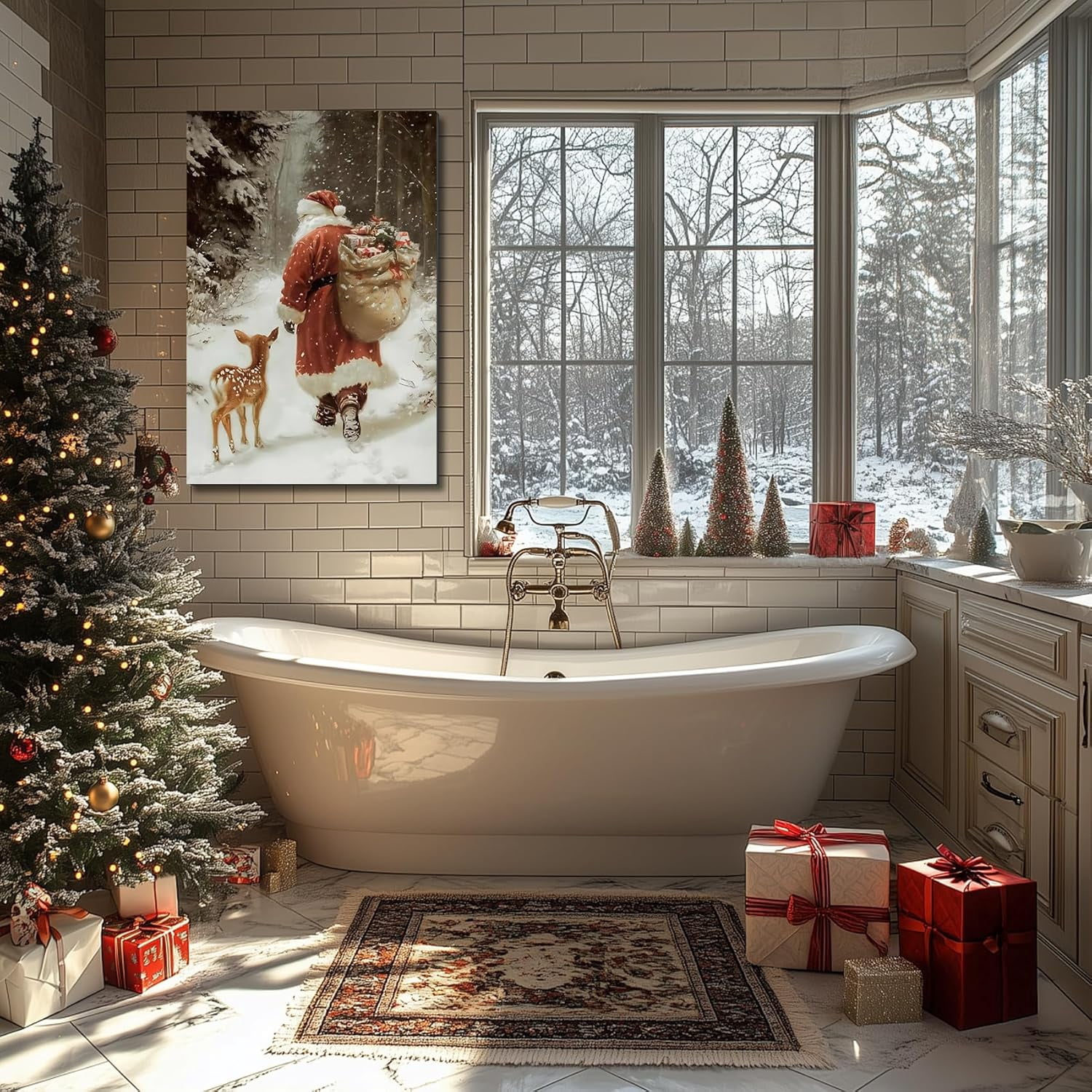 Christmas Wall Art, Santa Claus & Deer Canvas Prints, Christmas Pictures Wall Decor for Living Room & Bathroom, Holiday Painting for Bedroom Party Winter Cottage Artworks Gifts