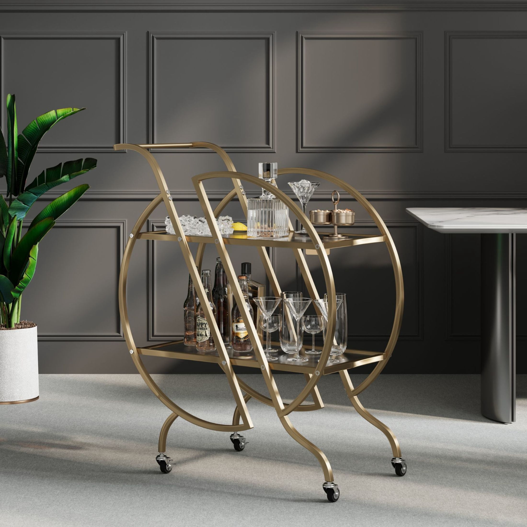 Noble House 2-Tier Bar Cart with Mirrored Glass Shelves, Rolling Serving Cart with Lockable Casters, Gold
