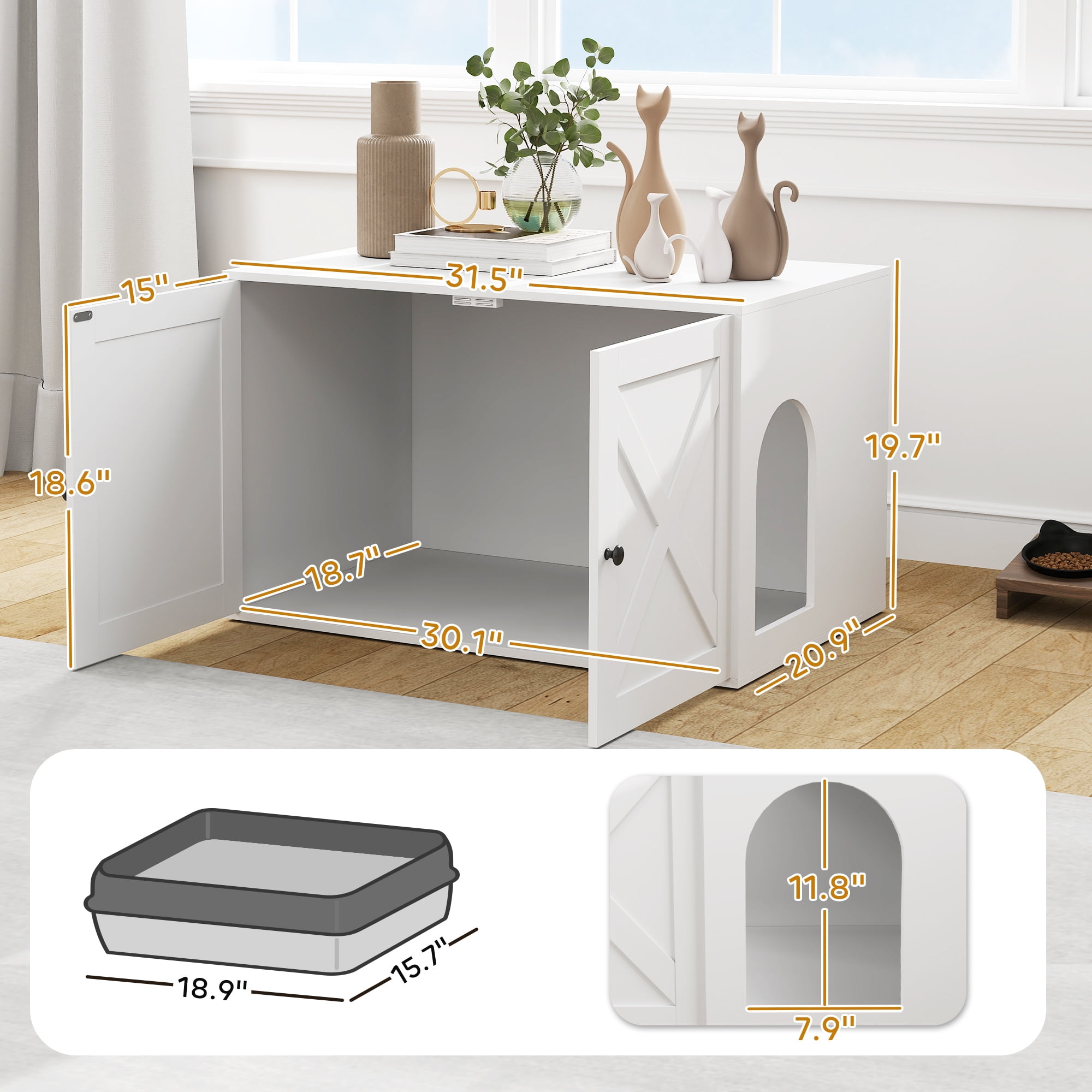 PawHut Cat Litter Box Enclosure, Hidden Litter Box Furniture with Barn Door, Cat Hole, End Side Table, 31.5" x 21" x 20", White