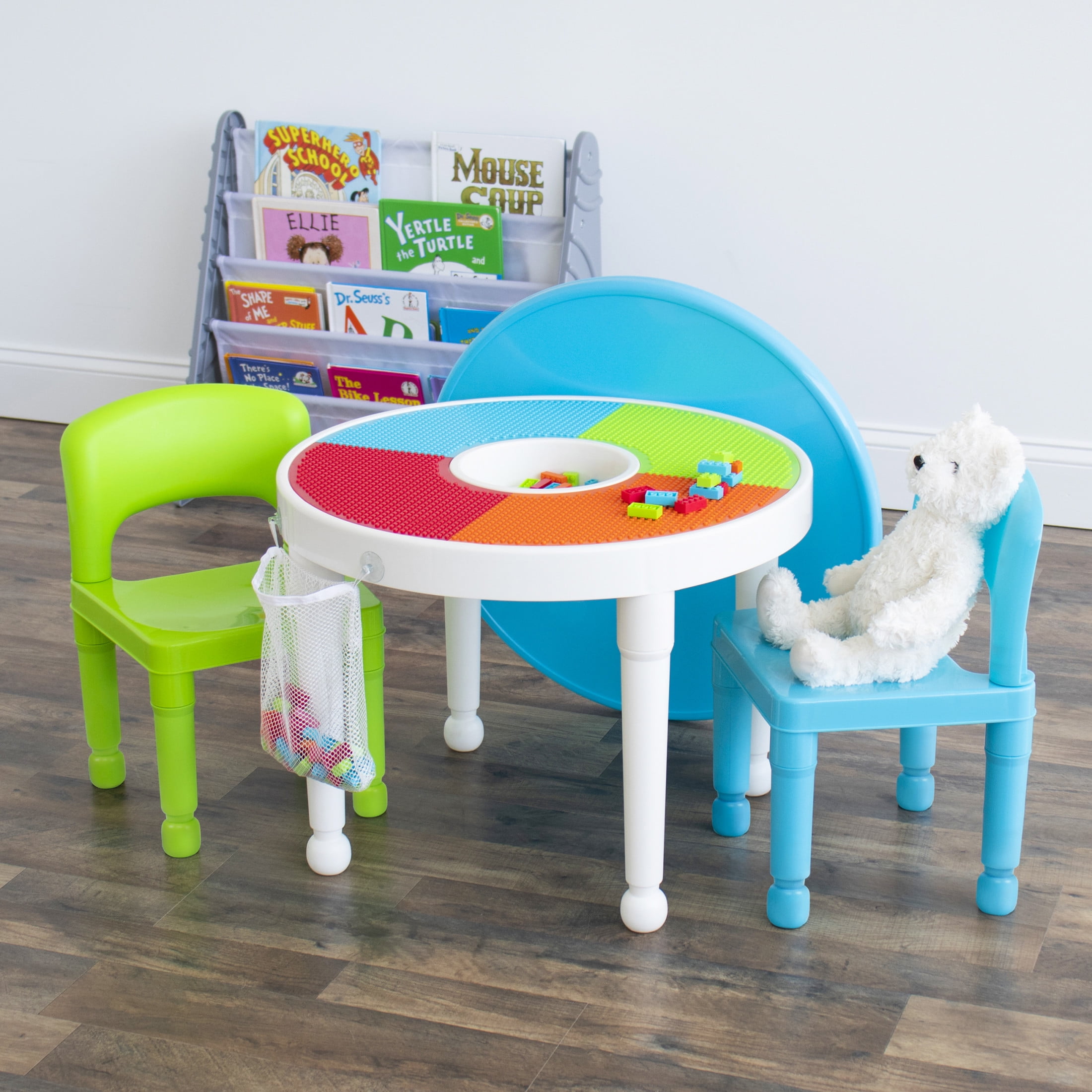 Humble Crew Toddler 2-in-1 Plastic Building Blocks-Compatible Activity Table and 2 Chairs Set, 100 Pc Block Set, Round, White/Green/Blue/Orange/Red