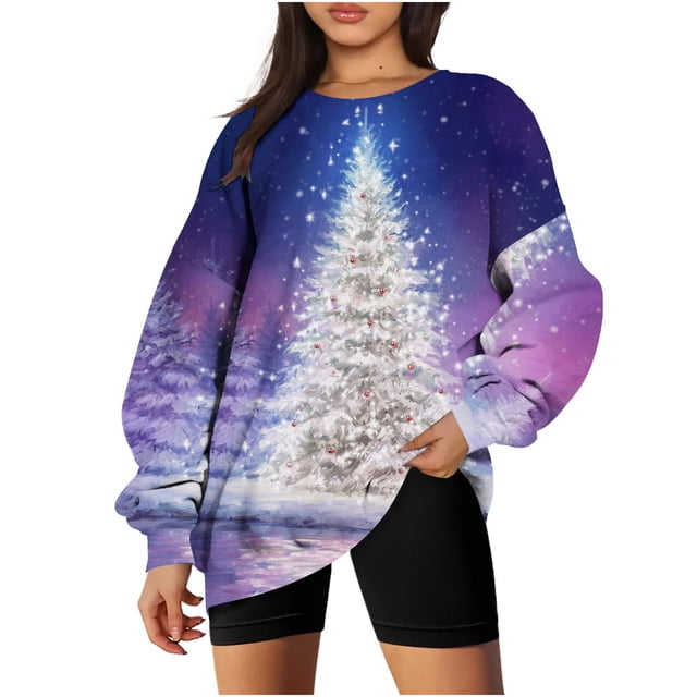 Chandail en Molleton de Noël pour Femmes 2023 Col Rond Mode Décontractée Manches Longues Imprimé de Noël Chandail en Molleton Hauts Blouse en Liquidation