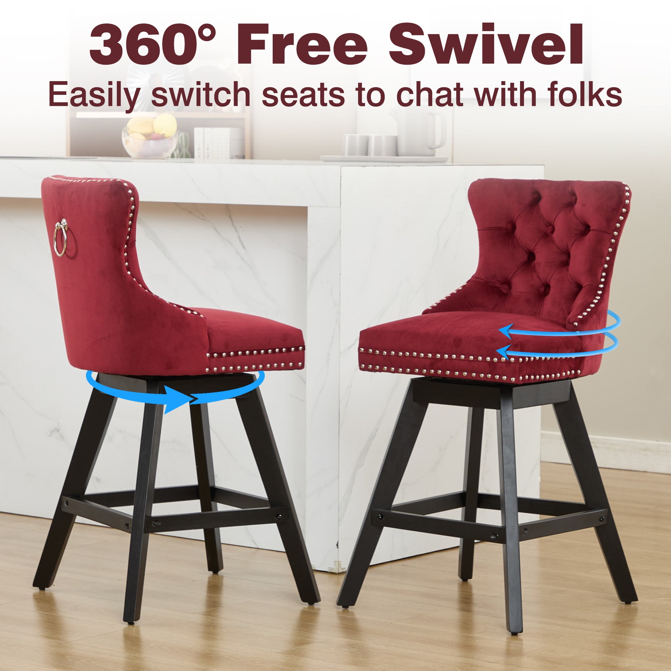 Swivel Bar Stools Set of 2, Velvet Counter Height Bar Stools with Back, Swivel Dining Chair with Button Tufted and Wooden Legs, Kitchen Chair Counter Stools for Kitchen Island Kitchen Counter, Red