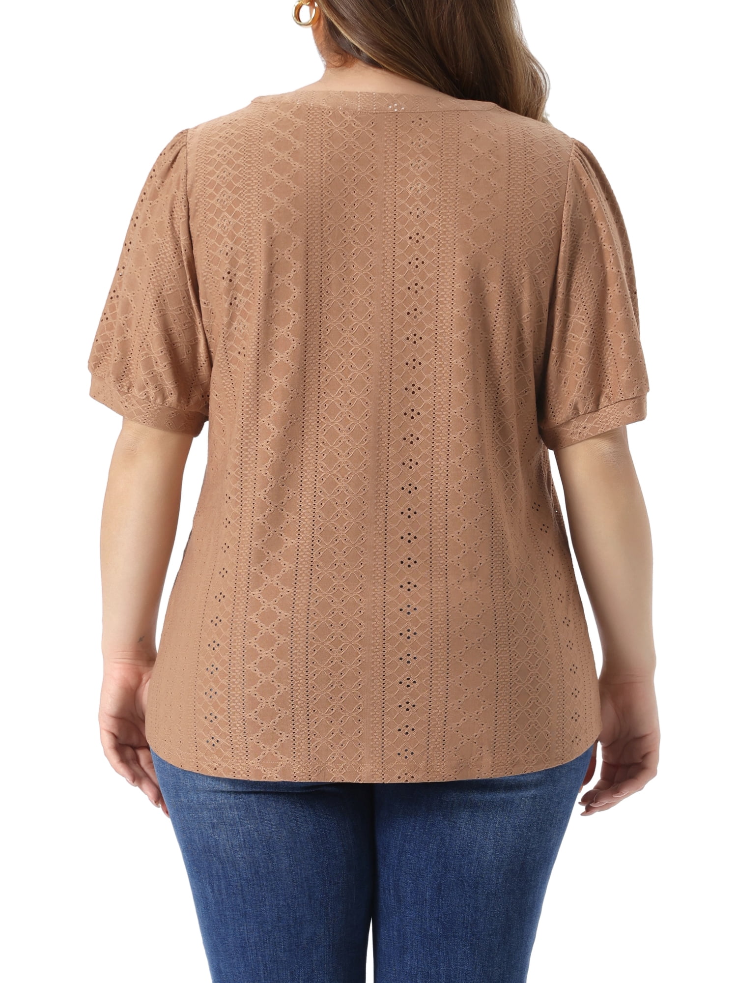 Women's Plus Tops Hollow Casual V Neck Short Sleeve Summer Blouse Shirts 1X Camel