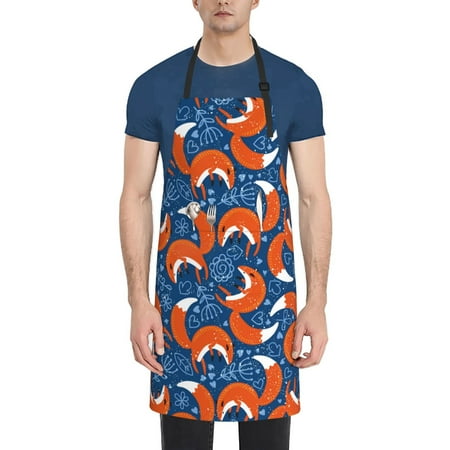

Qekee Abstract Vintage Fox and Plants Print Waterproof Apron with Pockets Adjustable Cooking Aprons Kitchen Bib for Baking Household Cleaning