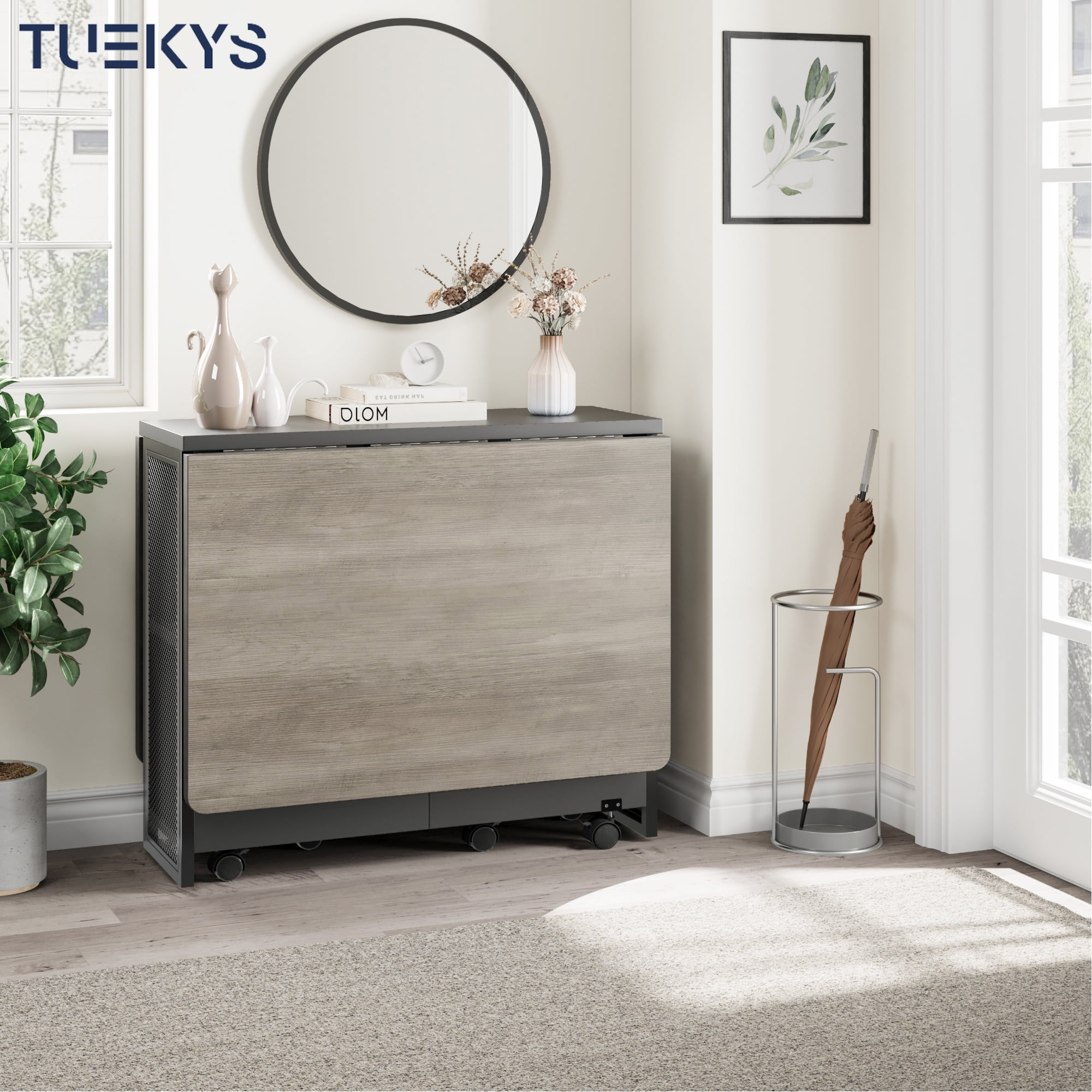Tuekys Folding Dining Table Drop Leaf Kitchen Table with 2 Storage Racks-Perfect for Small Spaces Multifunction Space Saving Table Extension Dinner Table Kitchen Office Desk Gray
