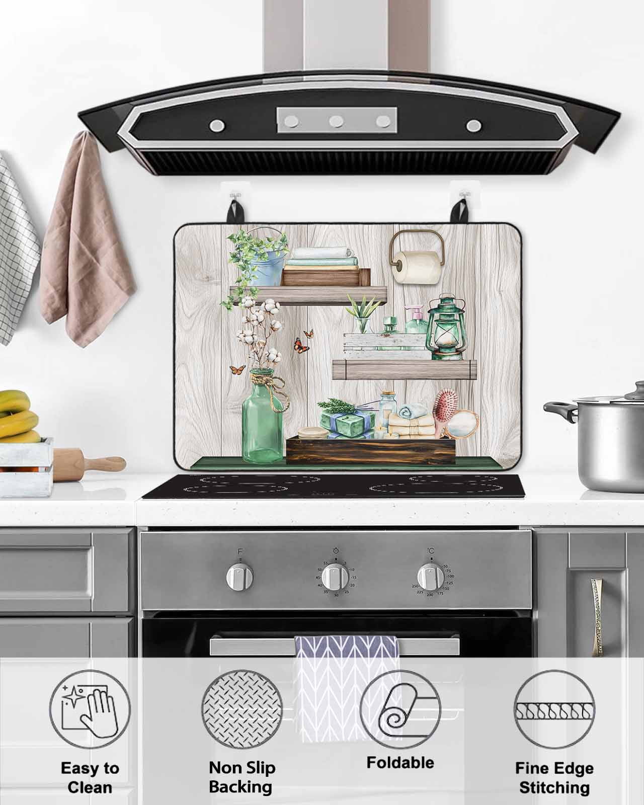 nqOlkjepod Large Induction Cooktop Protector Mat 24"x21", Green Gray Stove Top Covers for Electric Stove, Farmhouse Summer Botanical Wooden Decorative Stove Burner Cover Mats, Glass Top Stove Cover