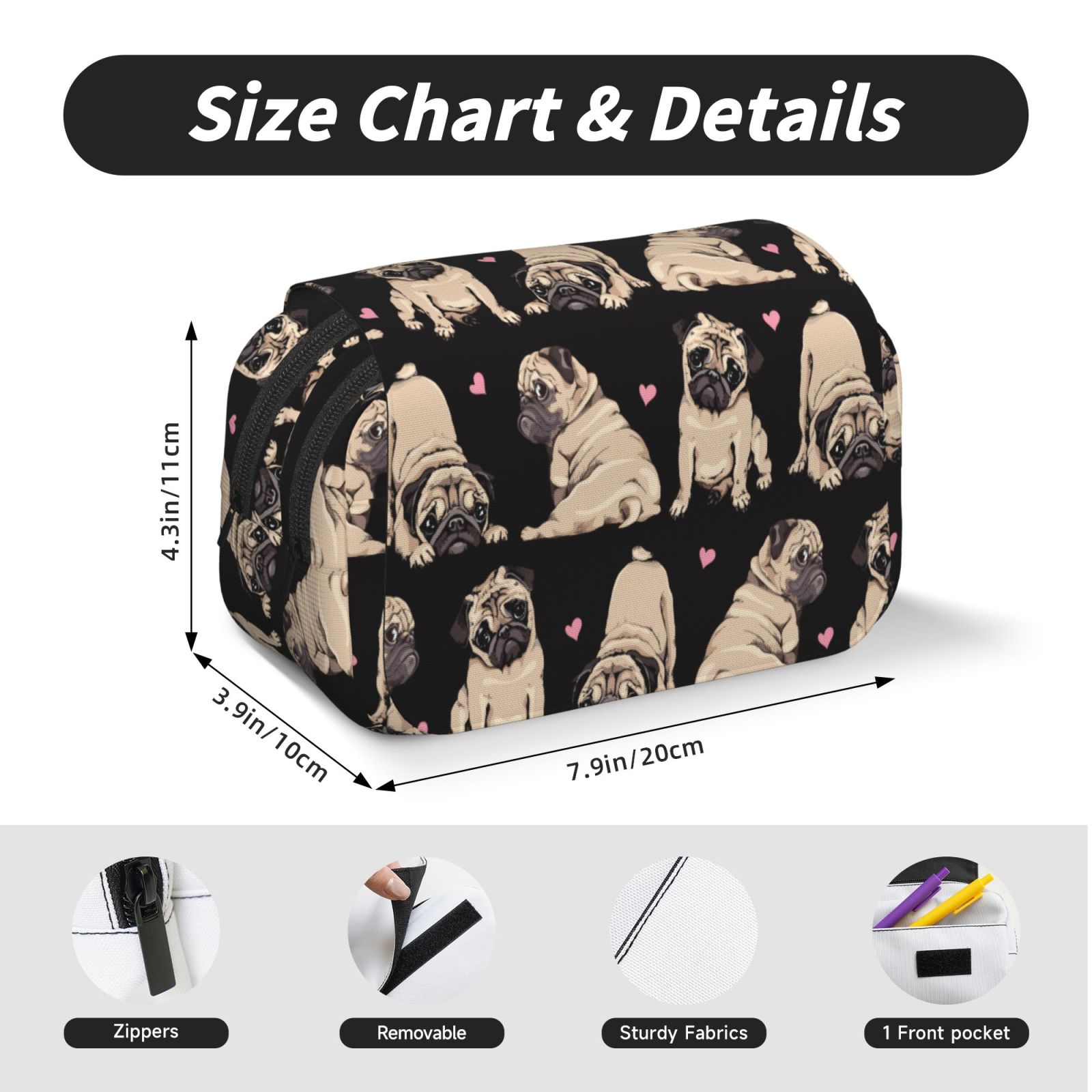 Rateoe French Bulldog Pattern Double Clamshell Pen Case, Storage Organizer with Two Zipper Compartments– Holds Up to 50 Pencils & Pens
