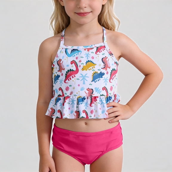 REDARER Girls Two-Piece Swimsuit – Cartoon Dinosaur Print Peplum Top & Solid Bottom, Cute Style for Beach Pool Summer Toddler Swimwear,4-5 Years