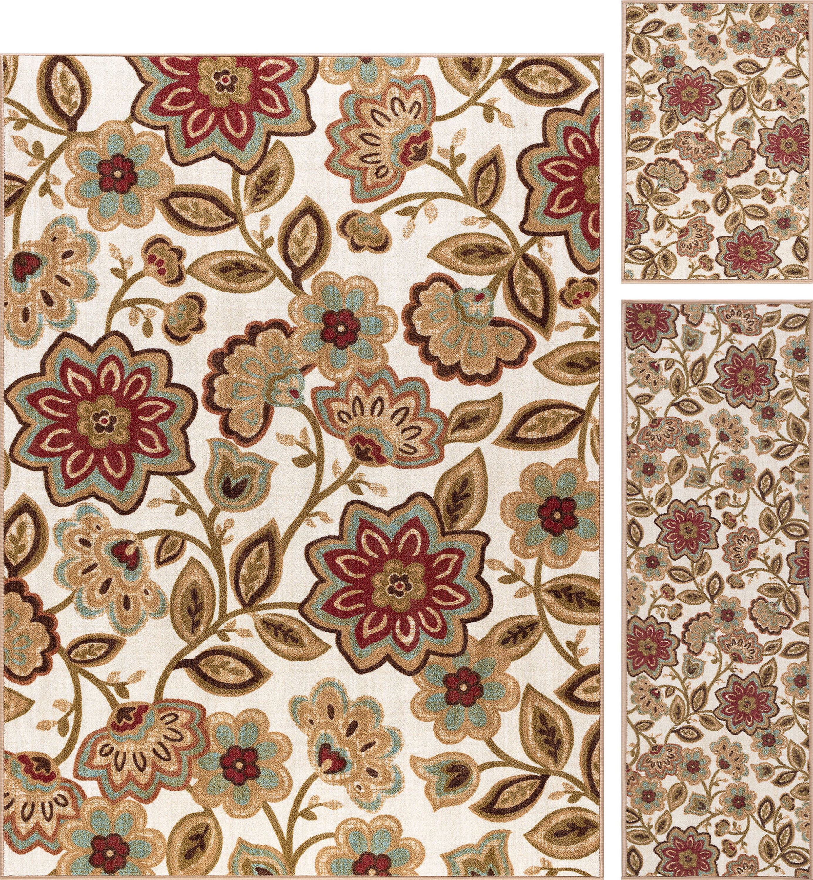 Transitional Area Rug (3-Piece Rug Set: (5' x 7', 20'' x 60'', 20'' x 32'')) Floral Cream, Beige Indoor Set Easy to Clean