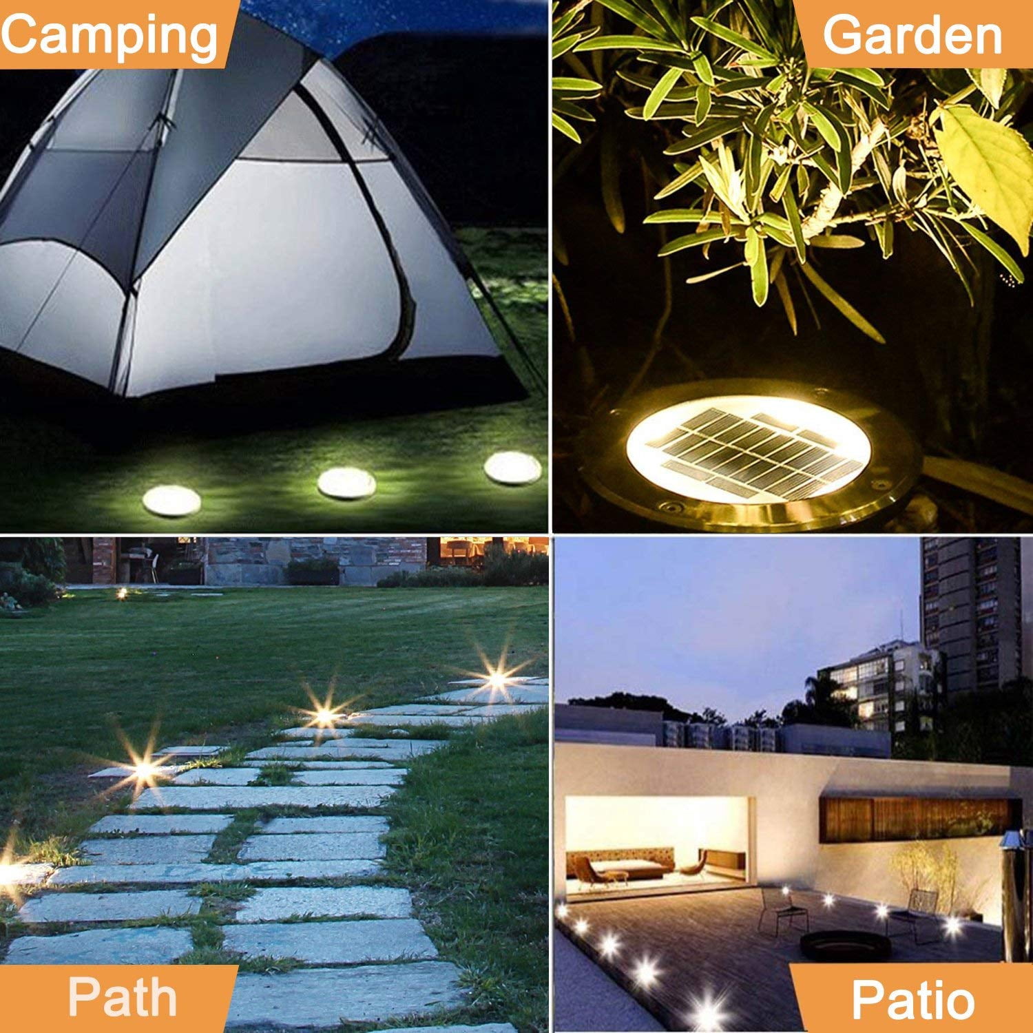 GLUAAE Solar Ground Lights - 8 LED Solar Garden Lights Outdoor，Disk Lights Waterproof In-Ground Outdoor Landscape Lighting - Warm White