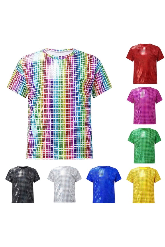 Boys Sequin Shirt Short Sleeve Sparkly School Party Performance Shirts Toddler Kids Youth Clothes (Red, 4-5 Years)