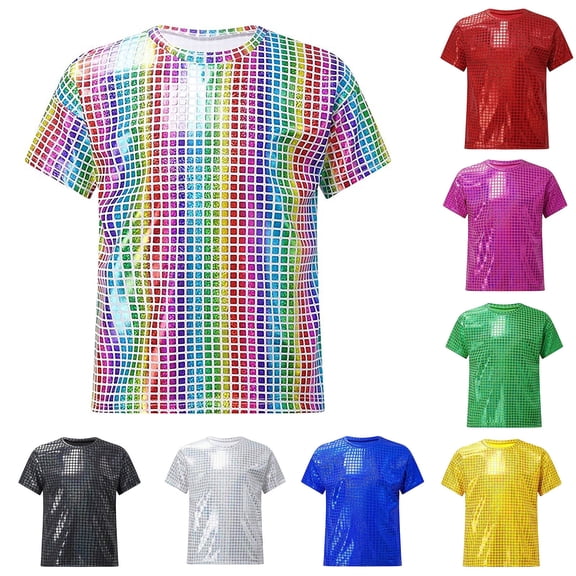 RTKFRFLM Kids' and Adults' Shiny Sequin T-Shirt Laser Square Checked Sparkle Short Sleeve Top for Dance Performance Vibrant Stage for Boys and Girls Party Show Wear Multiple Sizes