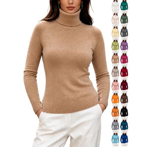 Dqueduo Women's Turtleneck Knit Sweater, Solid Color Long Sleeve Crew Neck Pullover Top, Slim Fit Ribbed Sweater for Daily Wear and Work