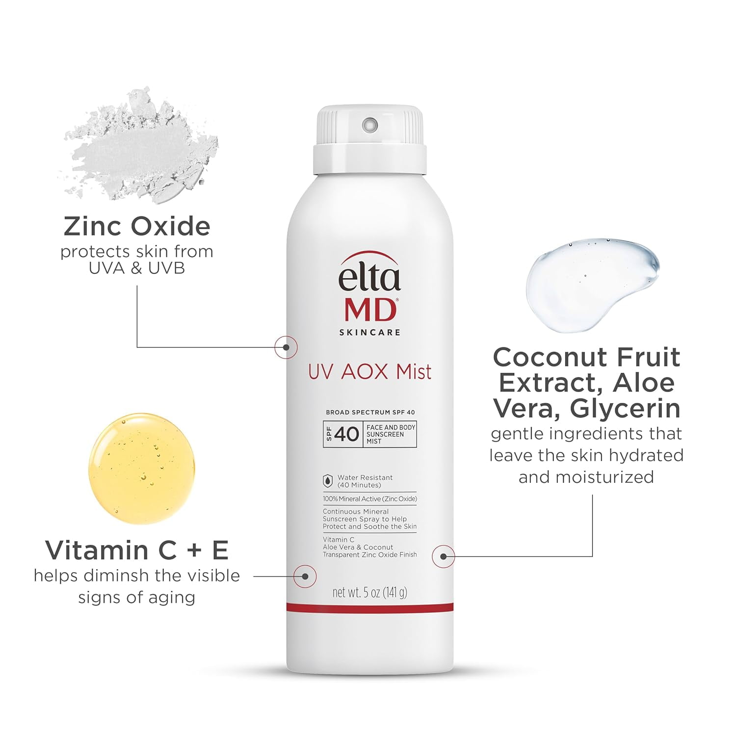 EltaMD UV AOX Mist Mineral Sunscreen Spray, SPF 40 Spray Sunscreen for Face and Body, Zinc Oxide Formula, 5 oz Bottle