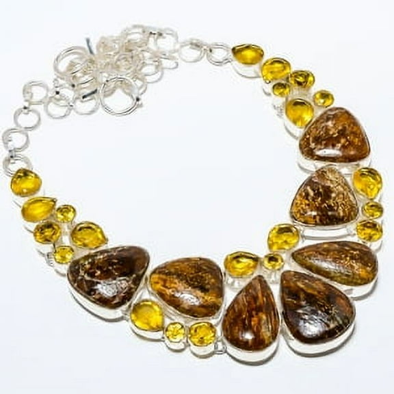 Bronzite Jasper - Africa & Citrine 925 Silver Plated Necklace 17.99" TN524-573, Valentine's Day Gift, Birthday Gift, Beautiful Jewelry For Woman
