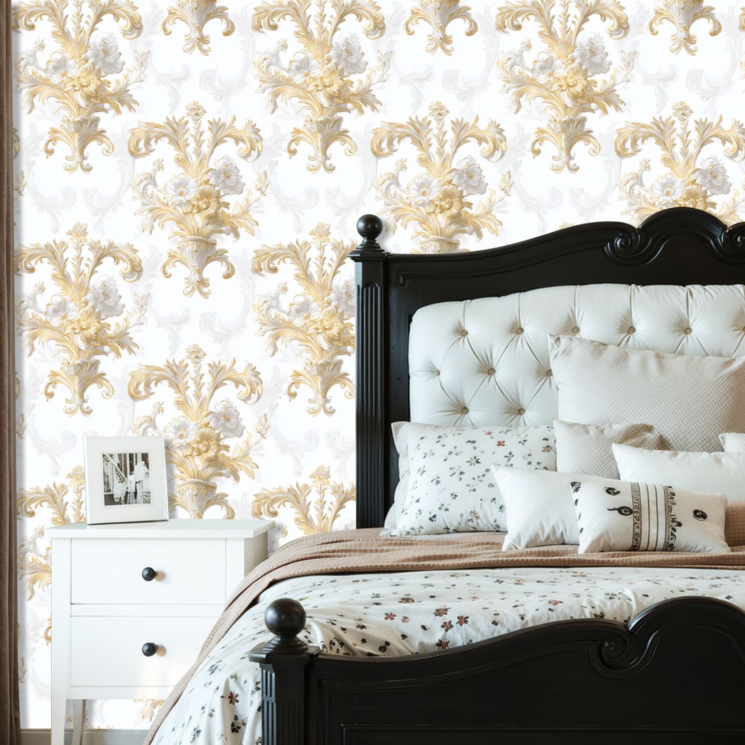 Vintage Peel and Stick Wallpaper 23.6in x 9.8ft Elegant Floral Damask Gold White Detailing Soft White Contact Paper Vinyl Waterproof Self Adhesive Wall Paper for Bedroom Shelf Cabinet