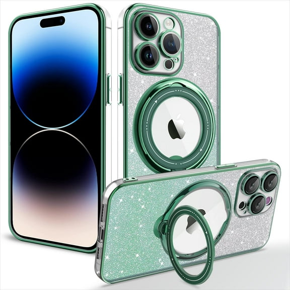 Feishell Designed for iPhone 15 Glitter Case with 360° Rotatable Ring Stand, Magnetic Compatible with Magsafe, Gradient Bling Clear Shockproof Slim Phone Case for Women Girls, Darkgreen
