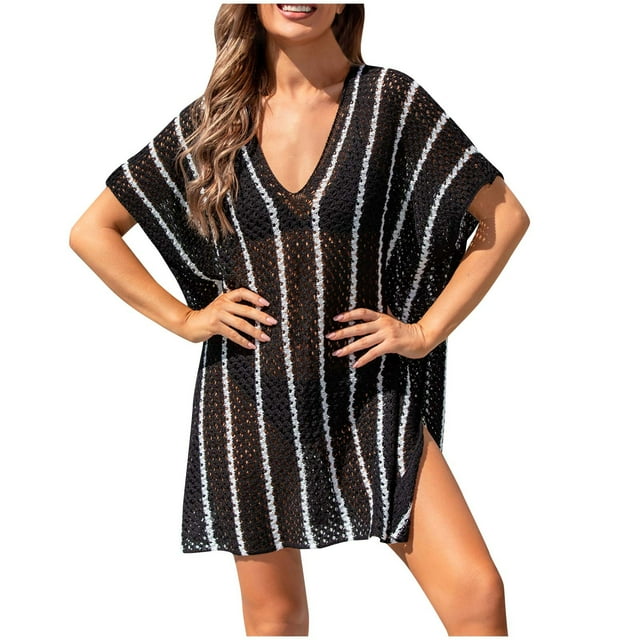Plebaso Robe de Plage Rayée pour Femmes, Col en V, Fendue sur le Côté, Crochet