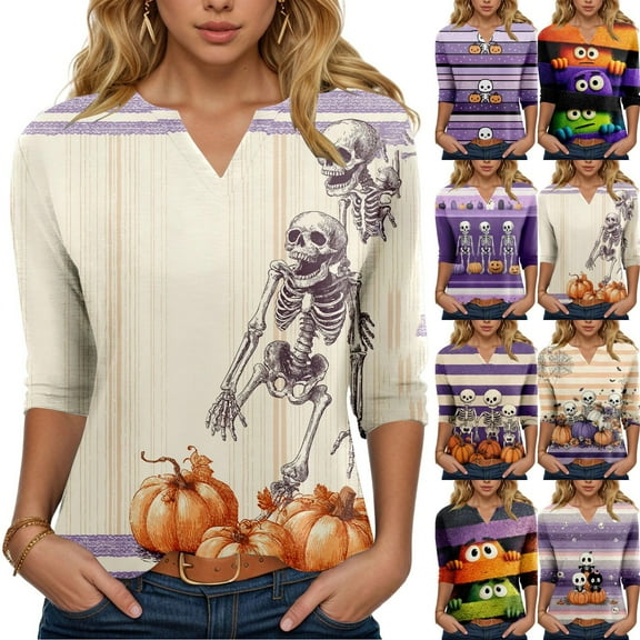 Godom Pumpkin Shirts for Women Fall Season T-Shirt Halloween Autumn V Neck Tee Tops