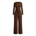 thumbnail image 6 of YHCY Women 2 Piece Loungewear Set Slim Long Sleeve Crewneck Trackshirts Fall Trendy Drawstring Waisted Wide Leg Sweatpants Comfy Stretchy Suits Comfy Sets Athletic Lounge Sweatsuit Coffee M, 6 of 7