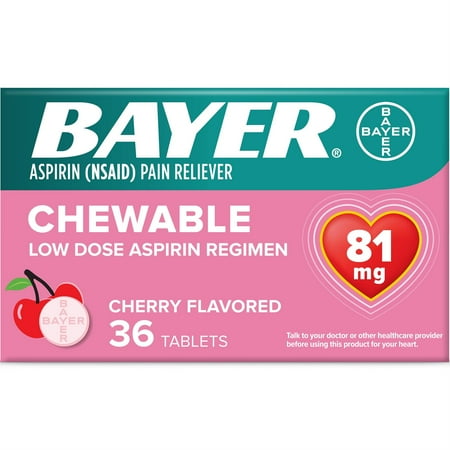 Bayer Chewable Low Dose Baby Aspirin 81mg for Adults Cherry 36 Ct 3 Pk | Low Dose Aspirin | NSAIDS Pain Reliever Anti Inflammatory | Heart Pain Relief | Travel Aspirin